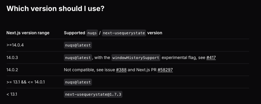 Next.js Versions When Using Nuqs