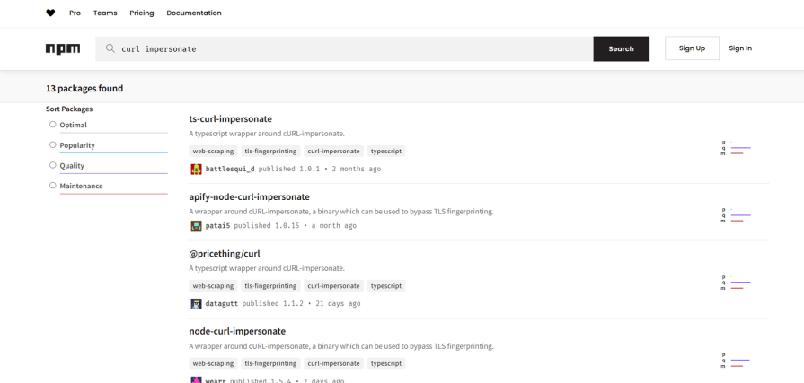 Search results on npm for curl-impersonate showing different TypeScript and Node.js packages for bypassing TLS fingerprinting with popularity and maintenance stats.