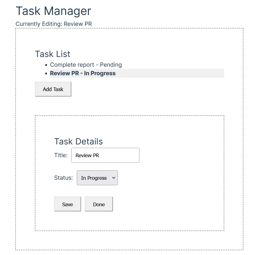 A Vue.js task manager example showing a task list and task details, with options to edit the title and status of a selected task.