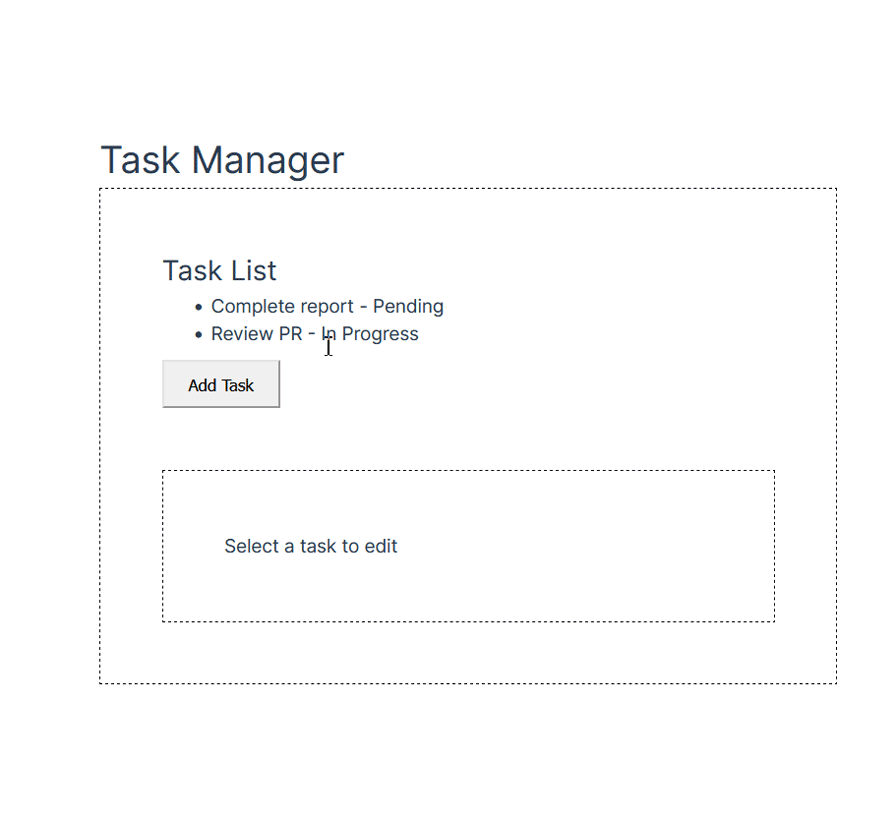 A Vue.js task manager interface showing a task list with an option to add a task and a prompt to select a task to edit.