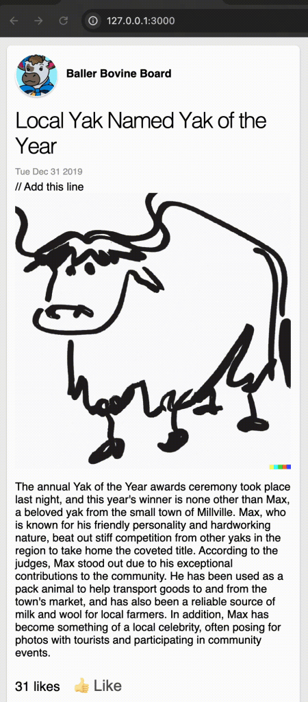 Web page titled "Local Yak Named Yak of the Year" on the Baller Bovine Board, featuring a drawing of a yak, award details, and a like button with 31 likes.