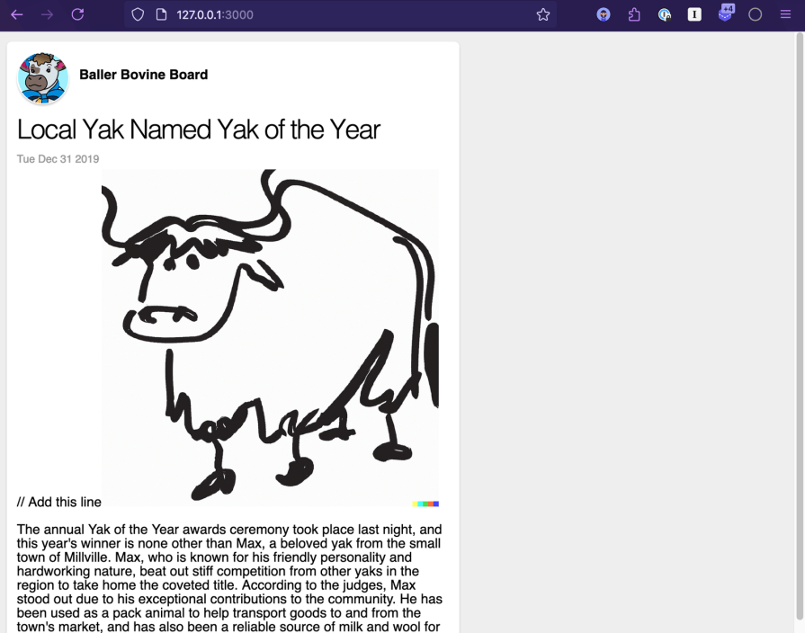 Web page displaying the "Yak of the Year" award announcement featuring a drawing of a yak and description of the winner.