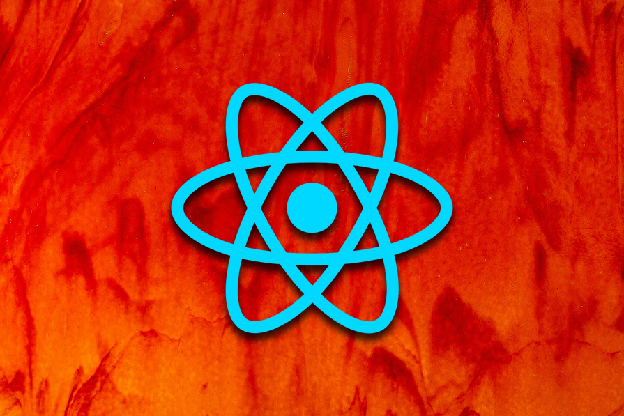 React Native logo over red background.