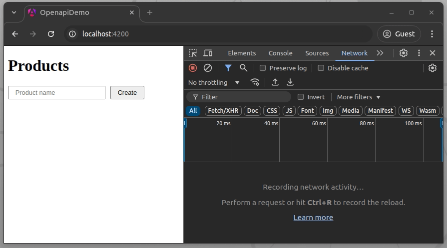 Browser displaying the OpenAPI Angular demo application with a simple UI for adding products and the network tab open for activity monitoring.