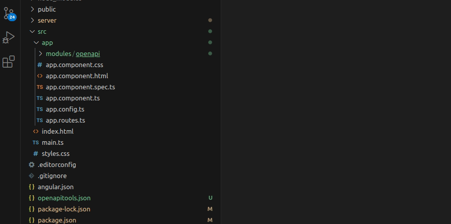 Visual Studio Code displaying the file structure of an Angular project with the auto-generated OpenAPI module under the src directory.