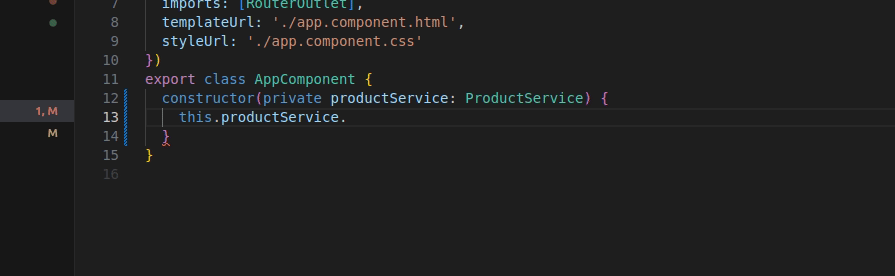 Code editor showing an Angular component with a constructor injecting the ProductService and accessing it using `this.productService`.