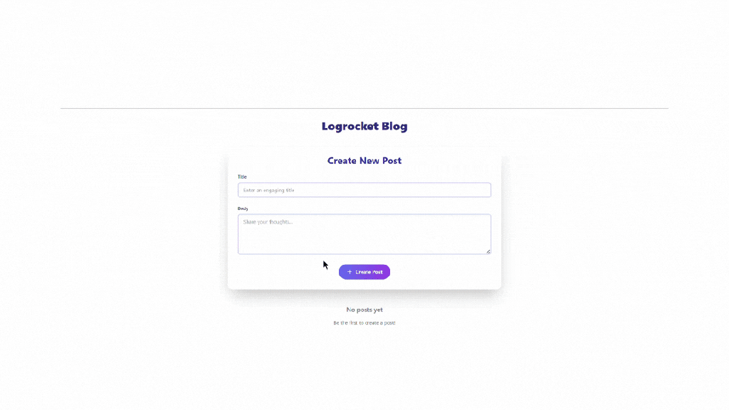 Animation showing the process of creating a new post in the LogRocket blog interface, including form input and post submission.