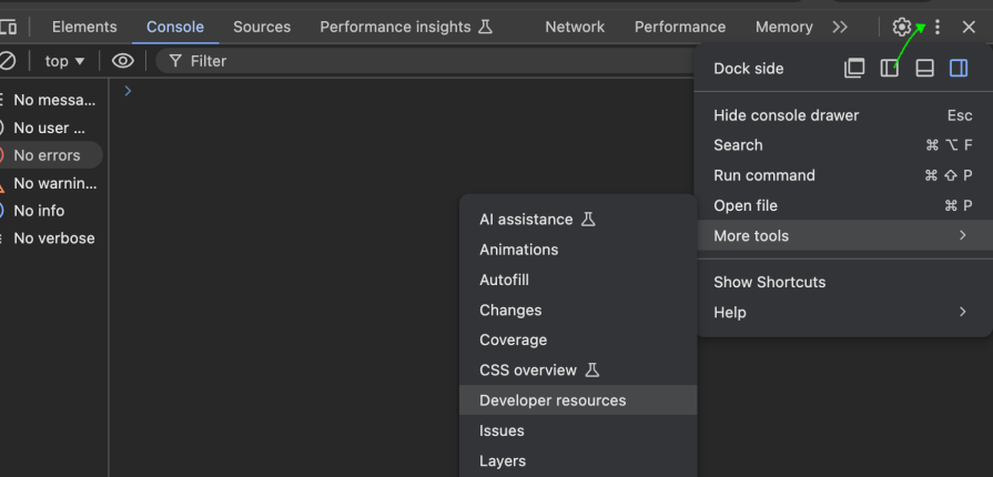 accessing developer resources tab javascript debugging