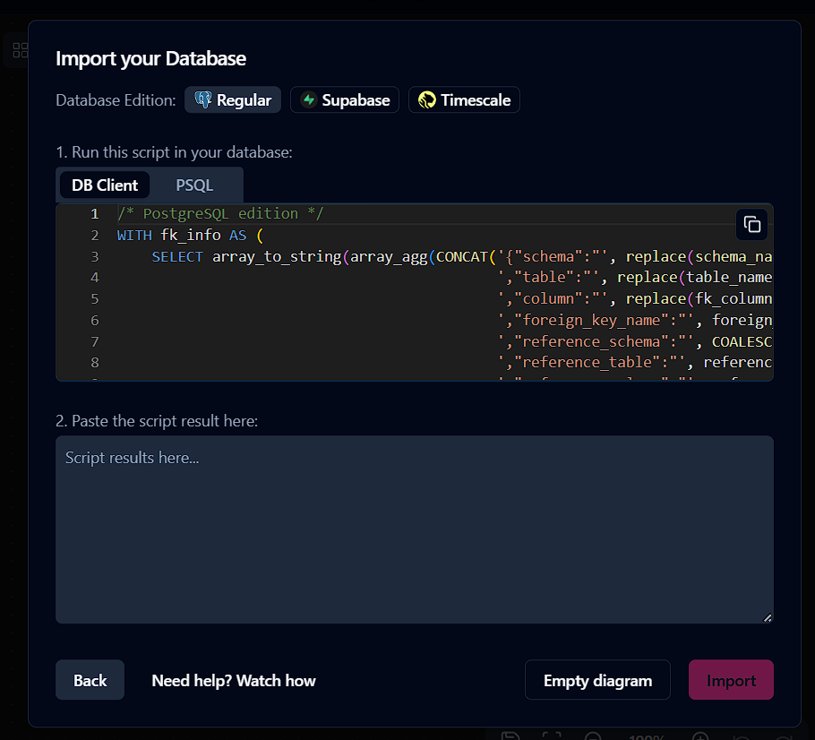 importing database on chartdb