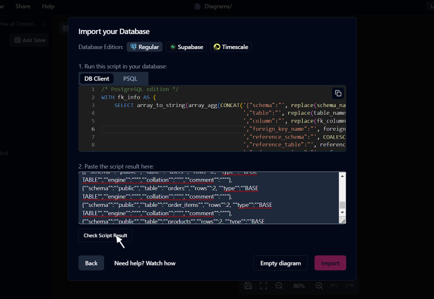 check script result button chartdb