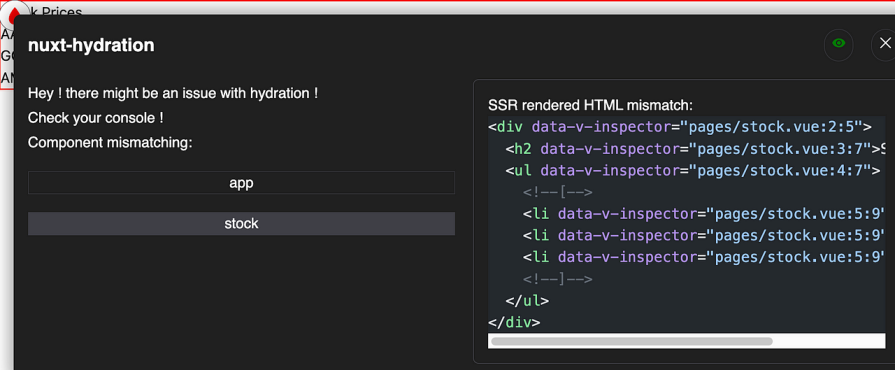 popup showing hydration mismatch details