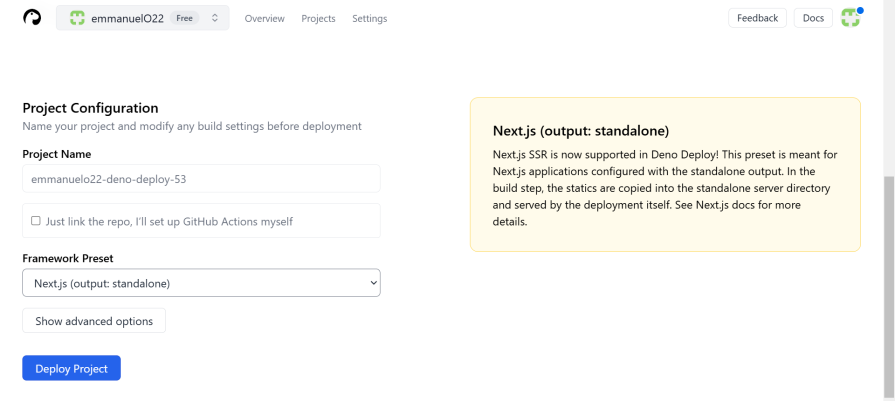 deploying a next js app in deno deploy