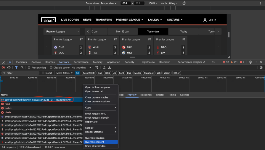 modify scoreboard on goal.com with chrome dev tools