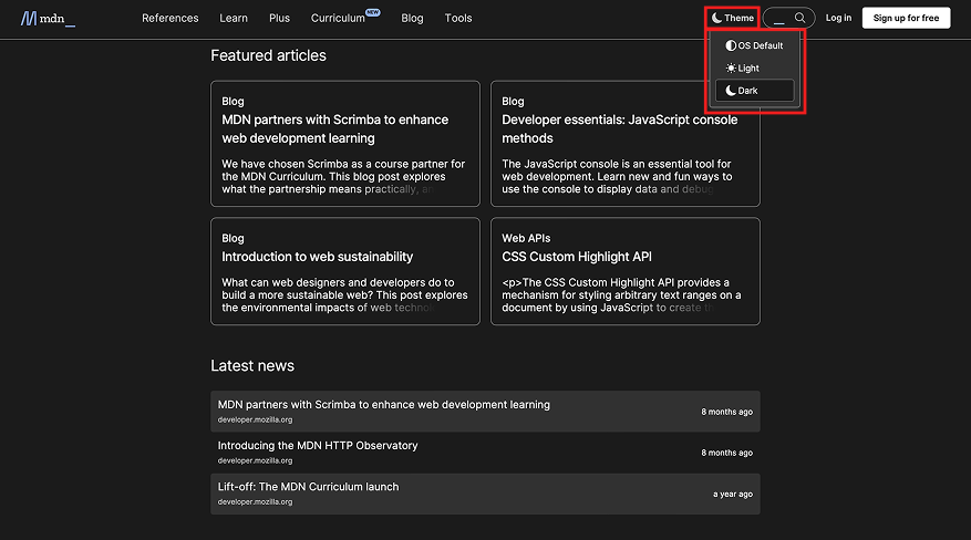 MDN Web Docs dark mode UI Design Example