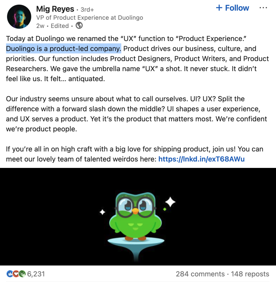 Screenshot Of Mig Reyes Linkedin Post Announcing Duolingo Changing Ux To Px