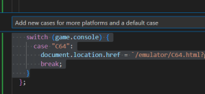 JS switch case handling 'C64' redirect; Copilot suggests adding more cases and a default.