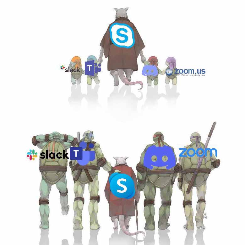 Artist Rendering. Split Screen Top And Bottom. Top Shows Baby Mutant Ninja Turtles With Slack, Teams, Discord, And Zoom Logos On Their Backs Walking Away From Viewer With Young Master Splinter At The Group's Center With Skype Logo On His Back. Bottom Shows Teenage Mutant Ninja Turtles With Elderly Master Splinter And Same Logo Arrangement.