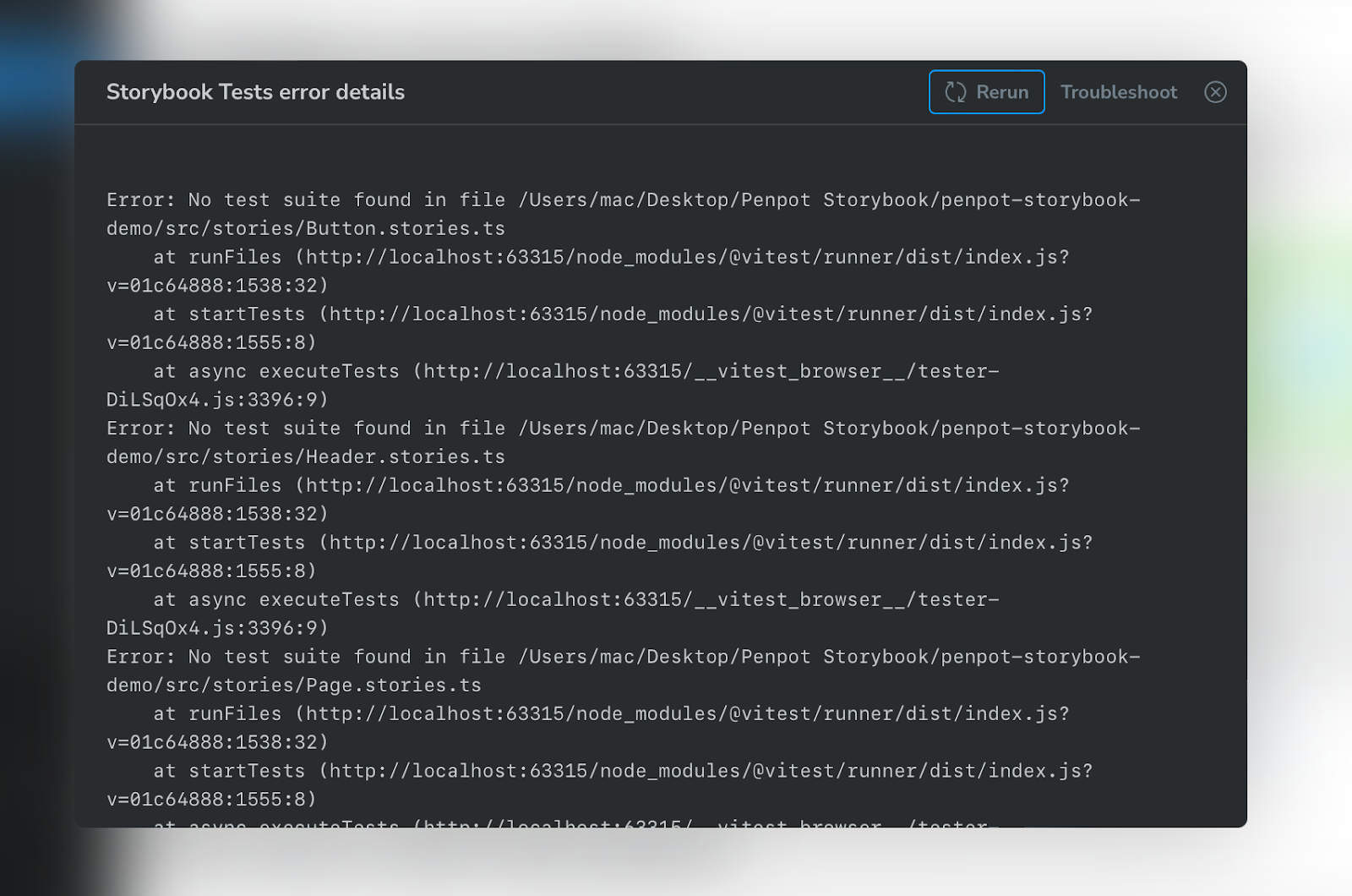 Storybook Tests Error Details