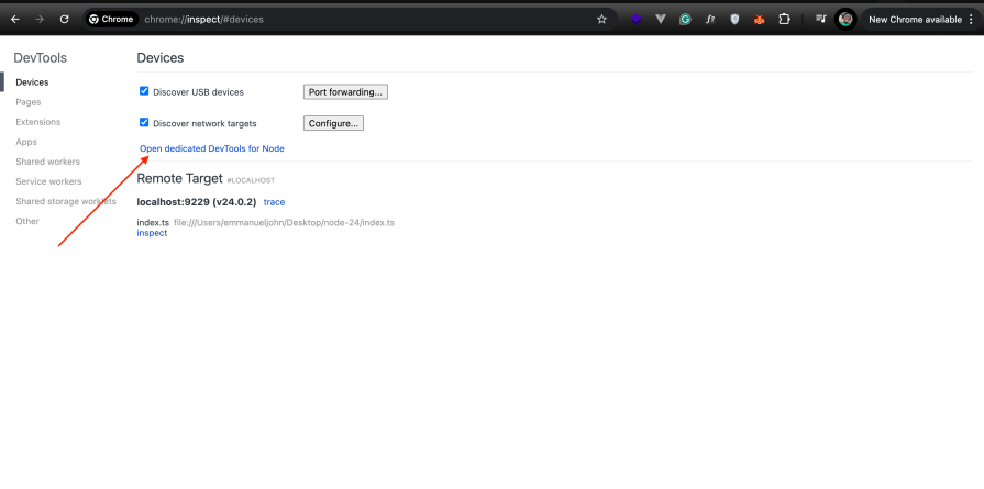 open dedicated devtools for node