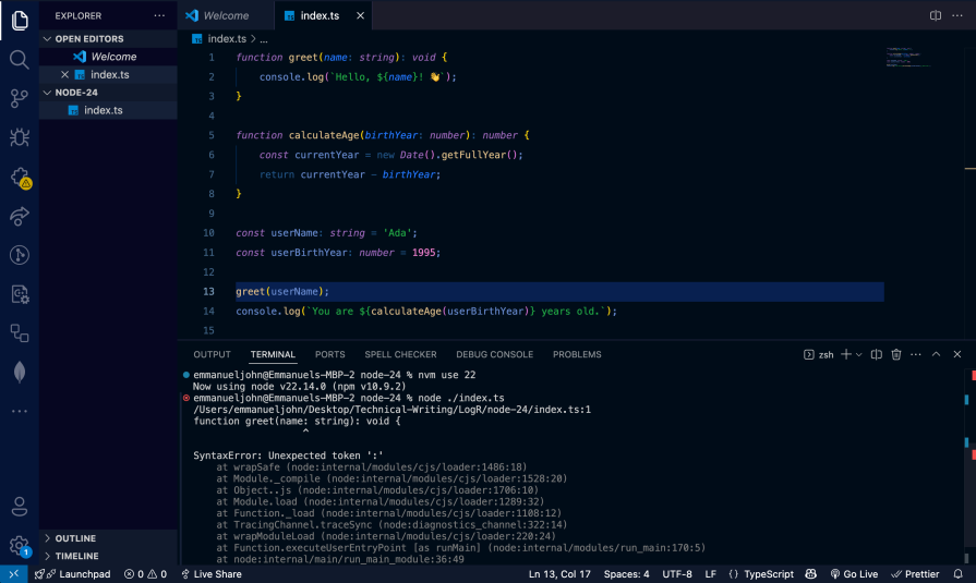 error from node index ts command