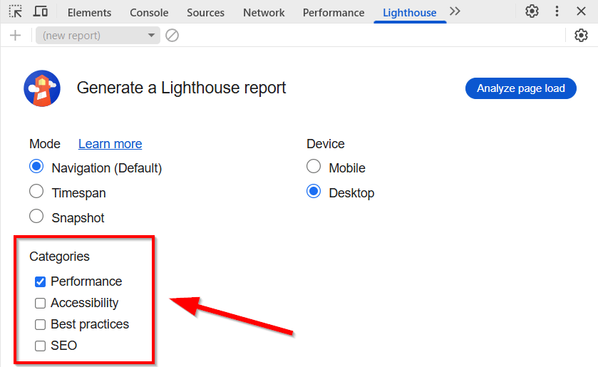 Lighthouse’s starter screen in Chrome DevTools