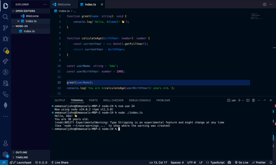 enabling runtime typescript support node js 24