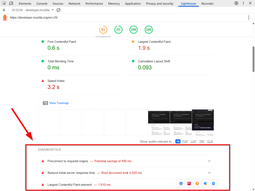 Location of Lighthouse Performance audits in Chrome DevTools