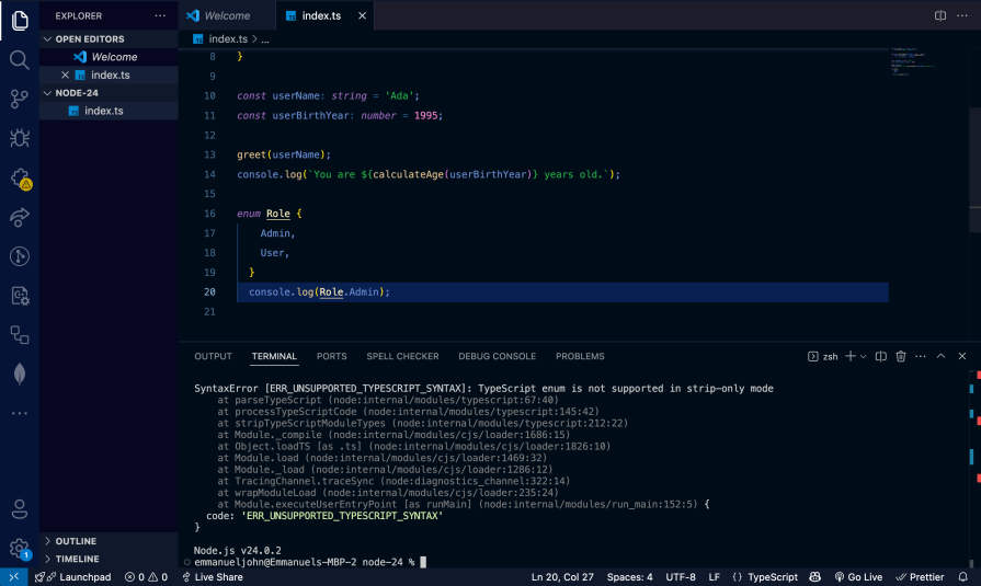 node js 24 compiler fail with runtime error