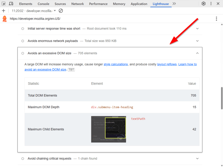 avoid an excessive DOM size audit in Lighthouse