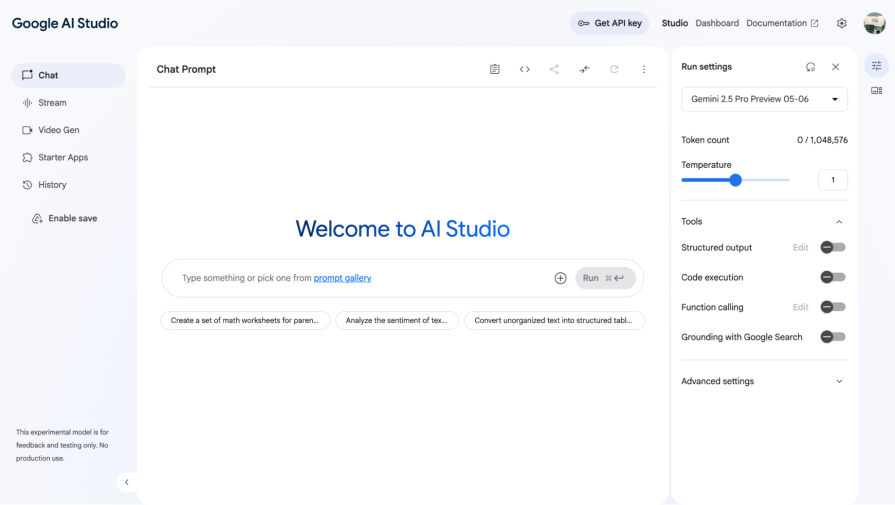 homescreen for google ai studio