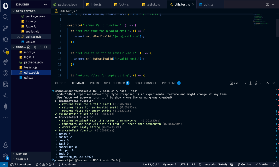 node test command