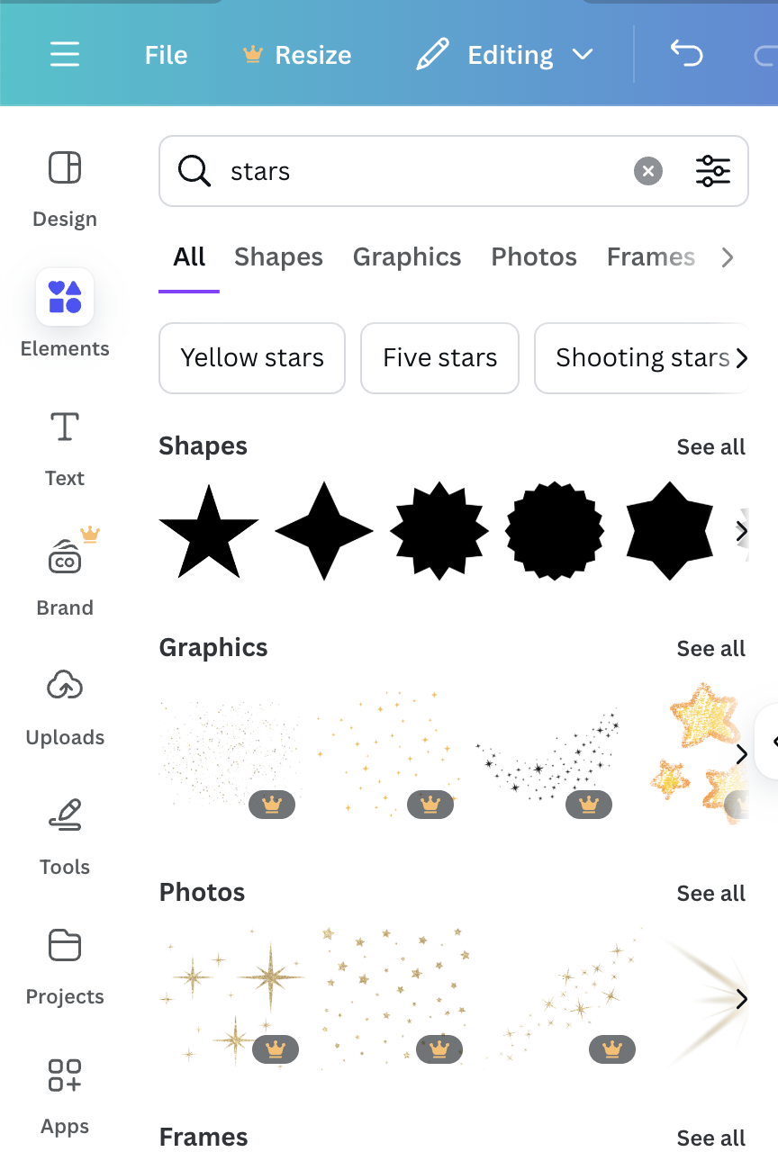 Canva search for stars