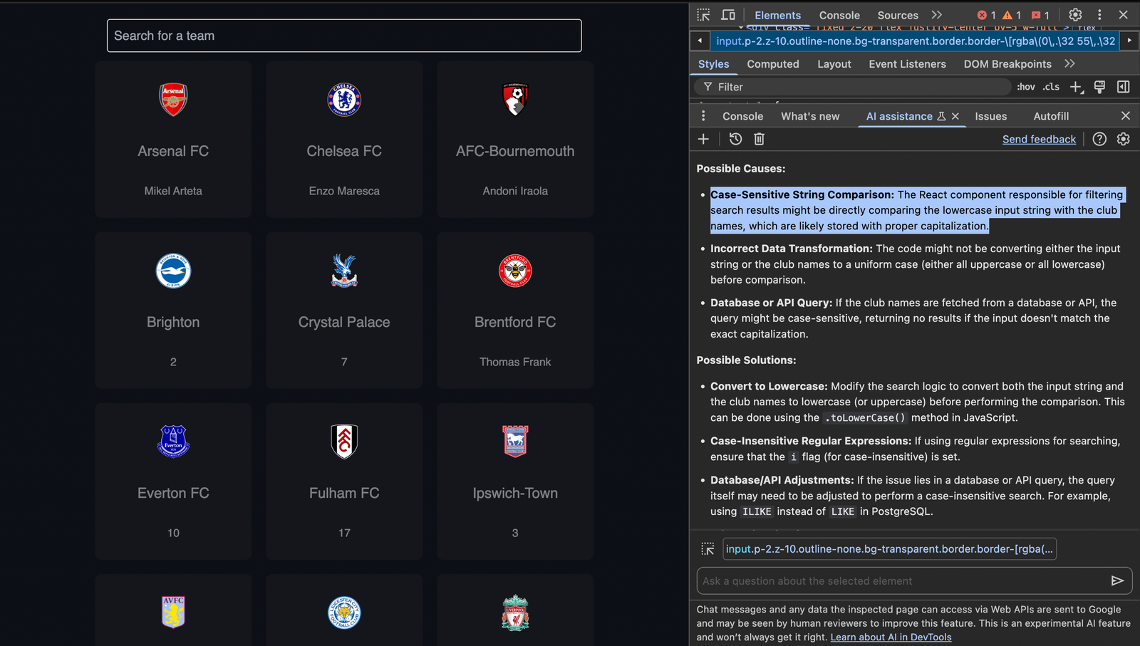 Gemini AI Suggestions For Fixing The Search Functionality Bug