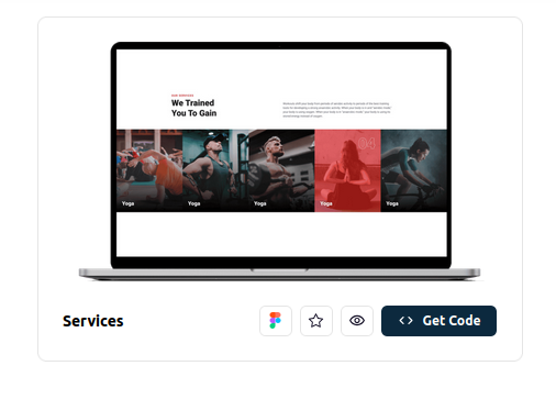 CodeStitch template displayed inside a laptop mockup, showing the service layout for a fitness site