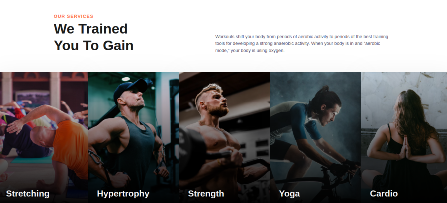 Preview of a gym website layout built with a CodeStitch template featuring five category cards