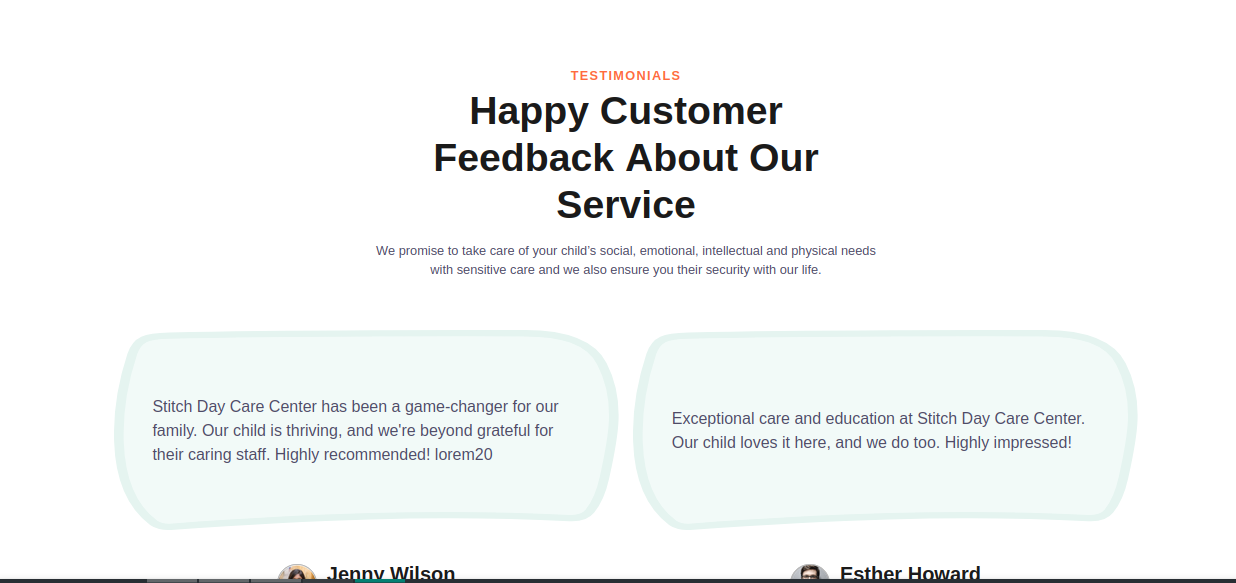 Styled testimonial layout from CodeStitch with user quotes and names
