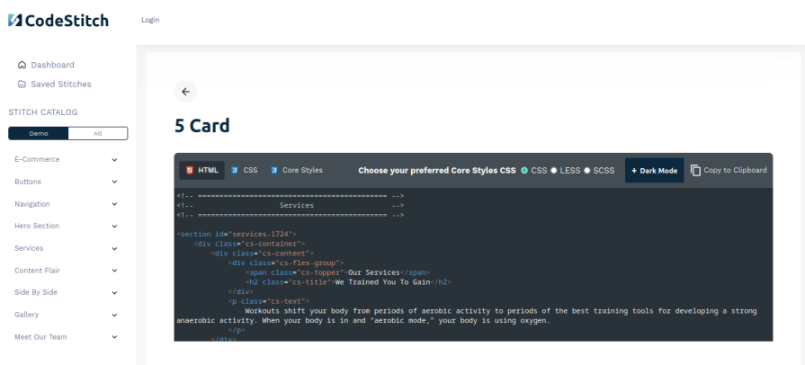 HTML and CSS code editor view for the “5 Card” layout in the CodeStitch interface