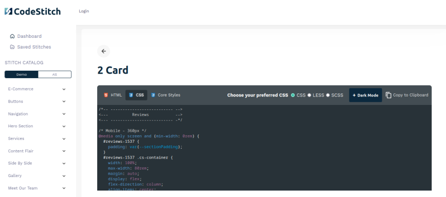 HTML/CSS code editor showing the “2 Card” component from the CodeStitch library