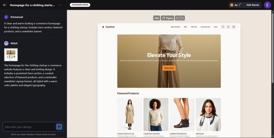 first draft of ecommerce site with stitch