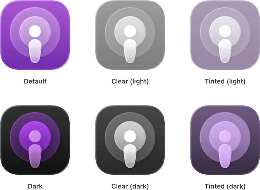 Apple Developer Docs Showing Six Liquid Glass Variants: Default/Dark, Clear Light/Dark, And Tinted Light/Dark