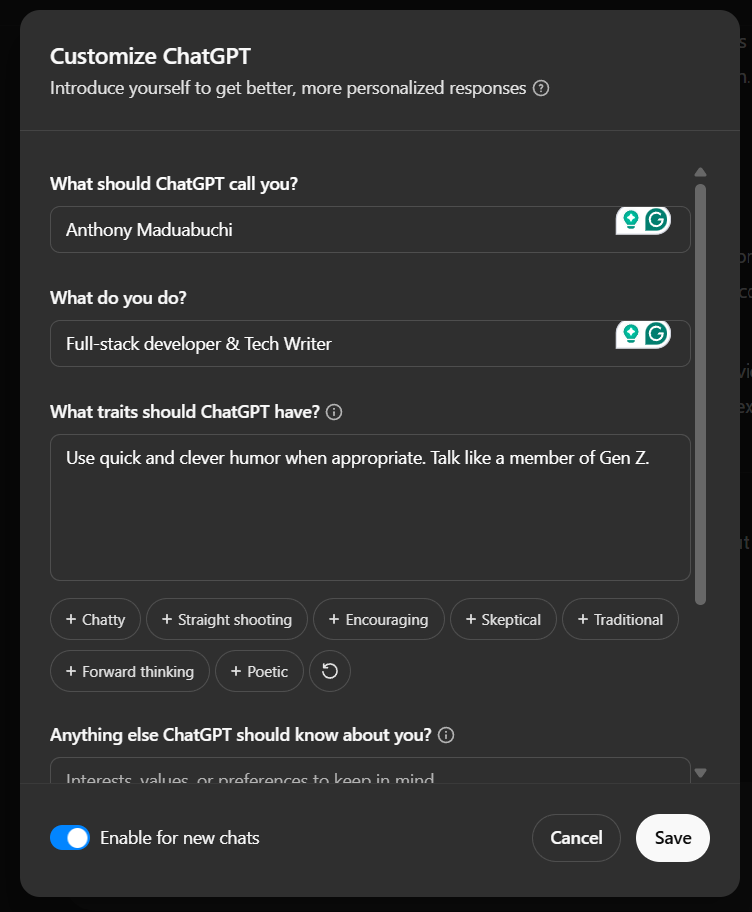 ChatGPT Personalization Page
