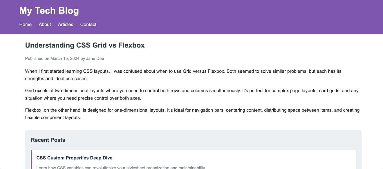 Blog Demo Using CSS Container Classes