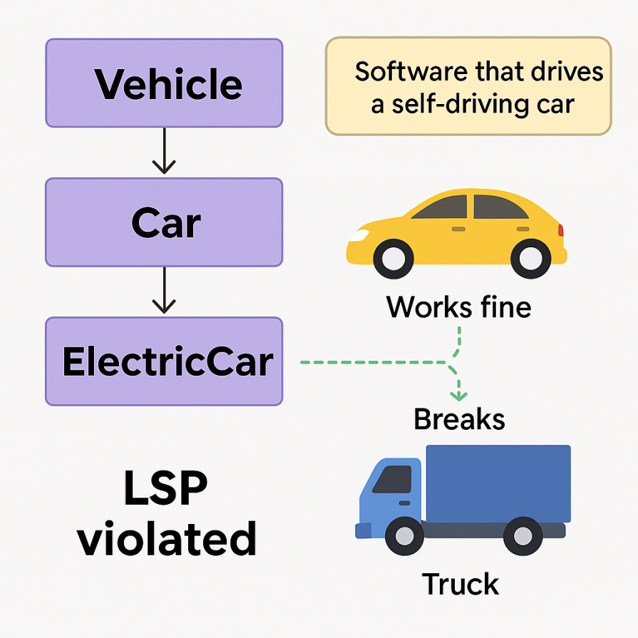 Visual representation of Liskov Substitution Principle violation showing inheritance from Vehicle to Car to ElectricCar, with a truck breaking functionality in a self-driving car software
