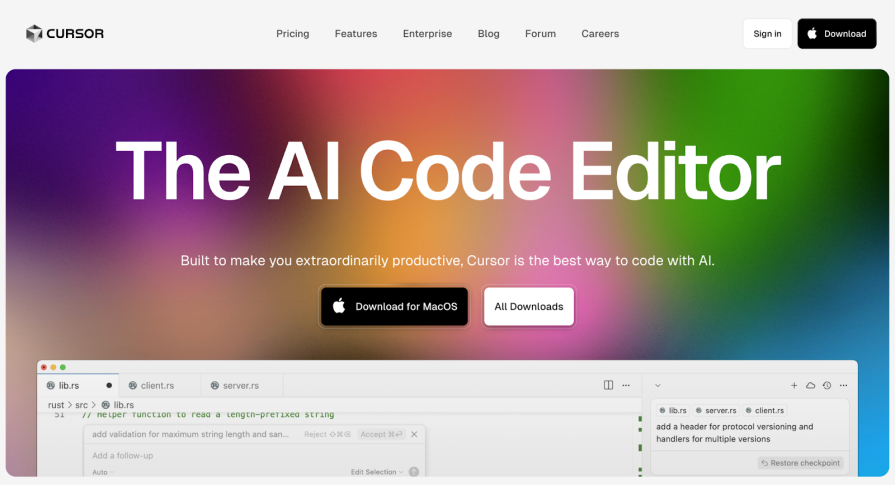 Cursor homepage showcasing its AI code editor with download buttons