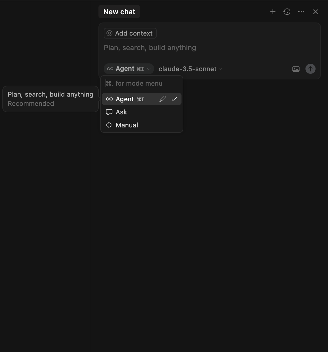 Cursor interface showing mode selection with options: Agent, Ask, and Manual for starting a new chat.