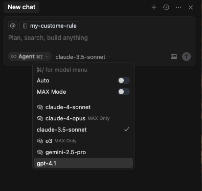 Cursor AI new chat window with model selection dropdown showing Claude, Gemini, o3, and GPT-4.1 options.