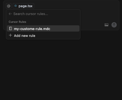 Cursor AI interface showing a custom rule file my-custome-rule.mdc selected under Cursor Rules. 