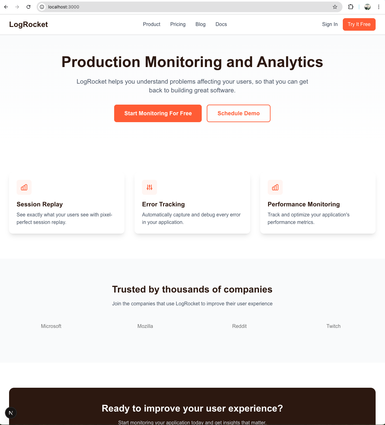 Recreated LogRocket landing page in a local development environment showing production monitoring features and call-to-action buttons.
