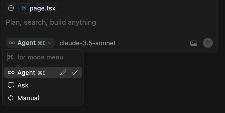 Cursor AI mode menu showing options: Agent, Ask, and Manual for file page.tsx.