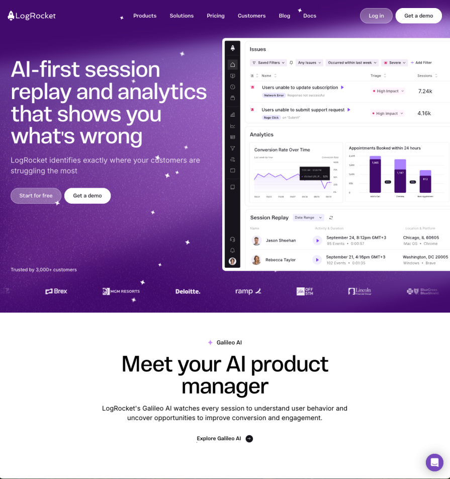 LogRocket homepage featuring AI-first session replay, analytics, and Galileo AI with detailed dashboard preview.